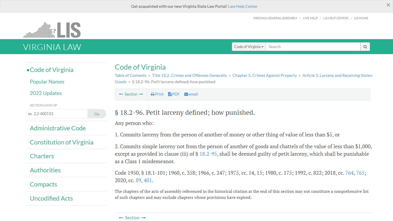 § 18.2-96. Petit larceny defined; how punished - Virginia